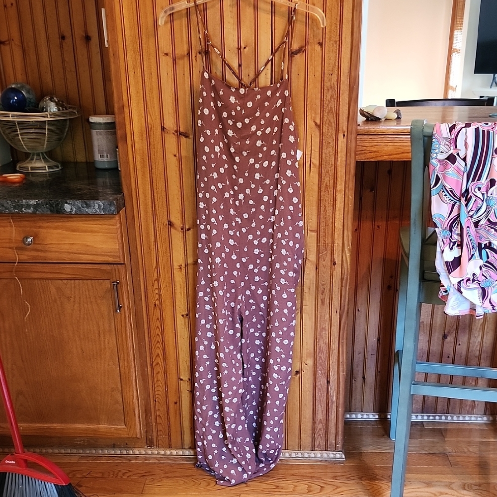 Brown Spaghetti Strap Maxi Dress with White Flowers